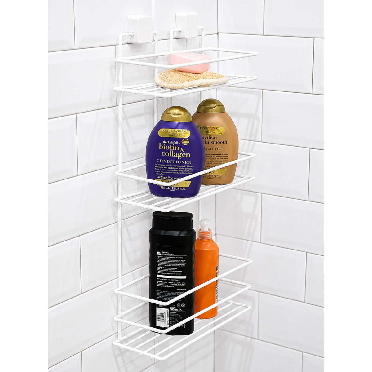 TheOwnas white 3-tier rectangular shower caddy mounted on tiled wall with shampoo and soap bottles
