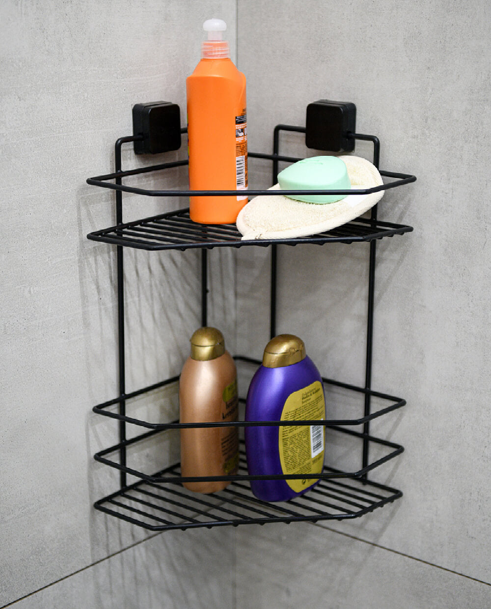 2-Tier Corner Shower Shelf – Black Metal No-Drill Adhesive Bathroom Caddy