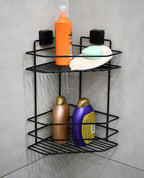 2-Tier Corner Shower Shelf – Black Metal No-Drill Adhesive Bathroom Caddy